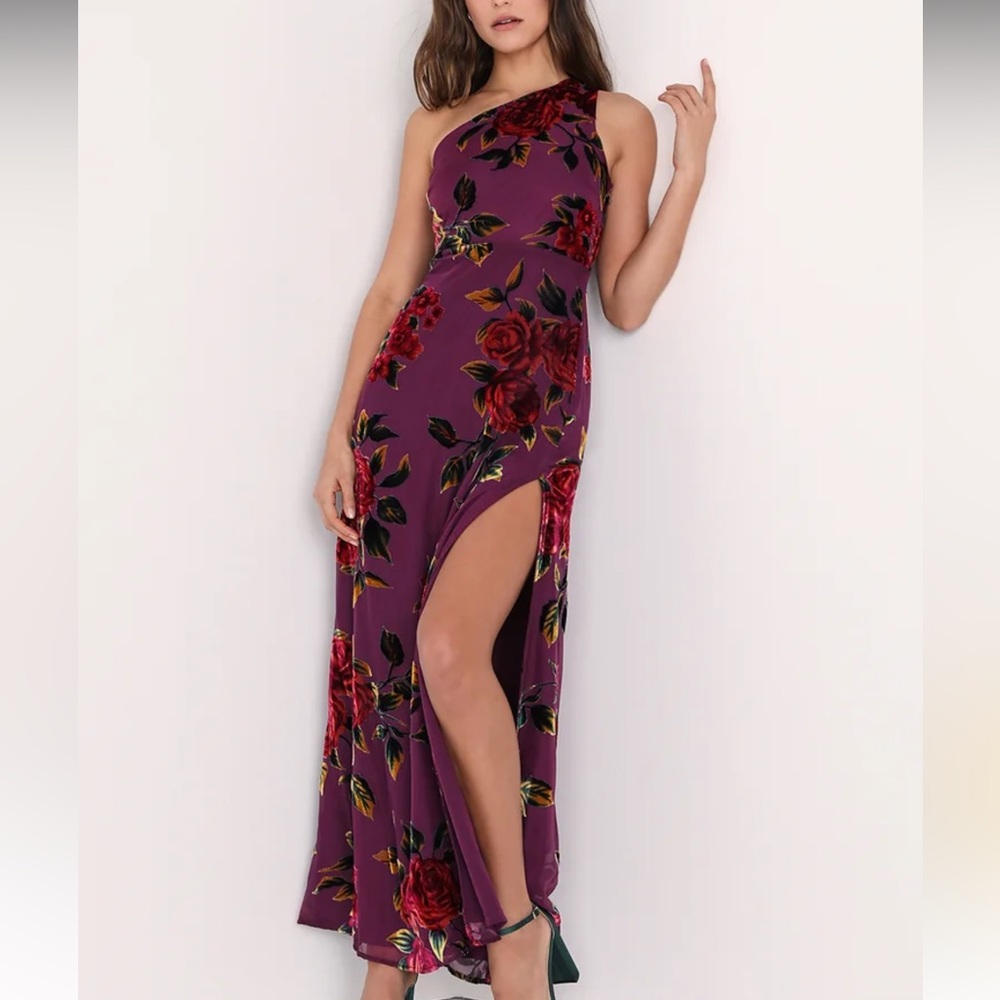 Purple floral velvet one shoulder dress